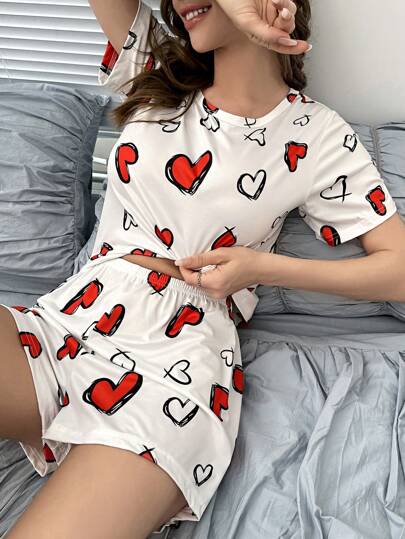 Conjunto de pijama con camiseta y shorts con estampado de corazón / Conjunto de pijama blanco