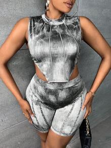 Slaydiva 大碼牛仔效果印花不對稱下擺背心上衣和騎行褲 - 淺灰色 - 查看 4