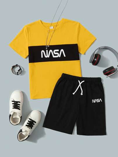 SHEIN Tween Boy Letter Graphic Colorblock Tee & Drawstring Waist Shorts