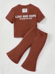 SHEIN Baby Slogan Graphic Tee & Flare Leg Trousers - Rust Brown - View 1