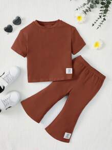 SHEIN Baby Slogan Graphic Tee & Flare Leg Trousers - Rust Brown - View 2
