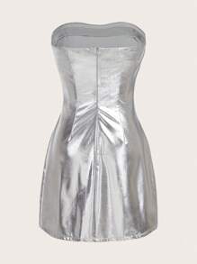 GENKIRA Đầm Dây kéo màu trơn Buổi tiệc - Bạc - Xem 2