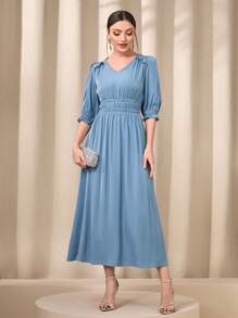 Modelyn 素色褶邊泡泡袖A字連衣裙 - 藍色 - 查看 1