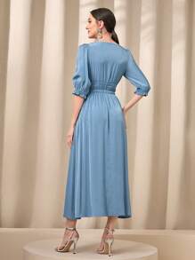 Modelyn 素色褶邊泡泡袖A字連衣裙 - 藍色 - 查看 2