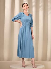 Modelyn 素色褶邊泡泡袖A字連衣裙 - 藍色 - 查看 3