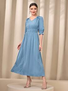 Modelyn 素色褶邊泡泡袖A字連衣裙 - 藍色 - 查看 4