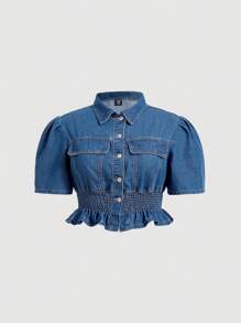 SHEIN MOD Áo Jacket Denim Plus Size Túi Viên lá sen Dải chun Nút phía trước màu trơn Giải trí - Rửa trung bình - Xem 1