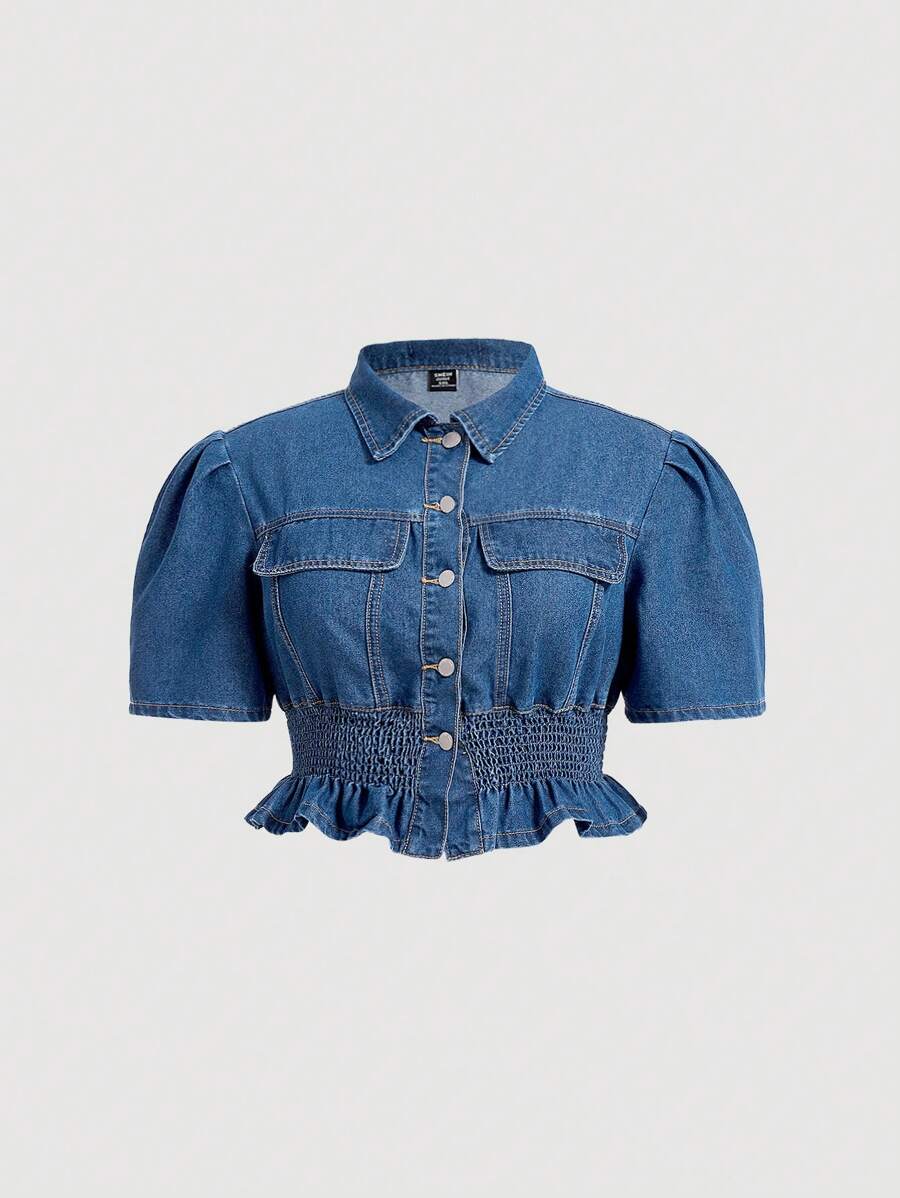 SHEIN MOD Áo Jacket Denim Plus Size Túi Viên lá sen Dải chun Nút phía trước màu trơn Giải trí - Rửa trung bình - Xem 1