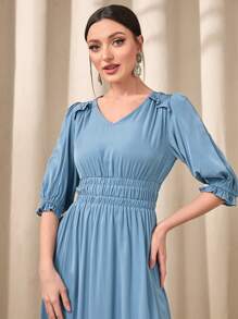 Modelyn 素色褶邊泡泡袖A字連衣裙 - 藍色 - 查看 5