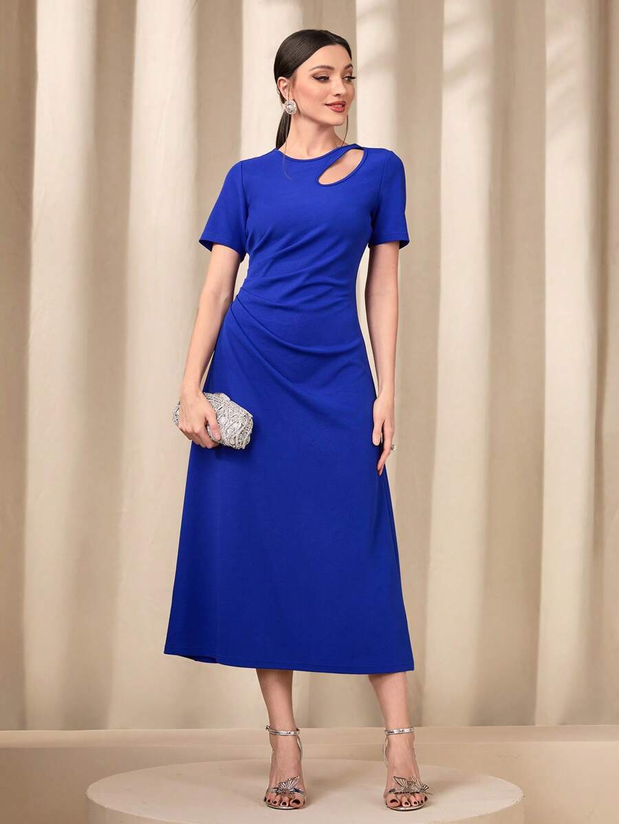 Mulvari 鏤空側收褶連衣裙 - 寶藍色 - 查看 1