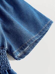 SHEIN MOD Áo Jacket Denim Plus Size Túi Viên lá sen Dải chun Nút phía trước màu trơn Giải trí - Rửa trung bình - Xem 3