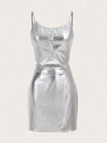 SHEIN ICON Bộ đồ hai mảnh nữ Bất đối xứng Dây kéo Nút phía trước màu trơn Buổi tiệc - Bạc - Xem 1