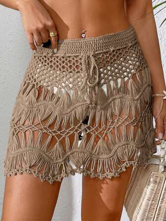 Swim Mod 鏤空腰部抽繩勾織罩衫短褲