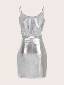 SHEIN ICON Bộ đồ hai mảnh nữ Bất đối xứng Dây kéo Nút phía trước màu trơn Buổi tiệc - Bạc - Xem 2