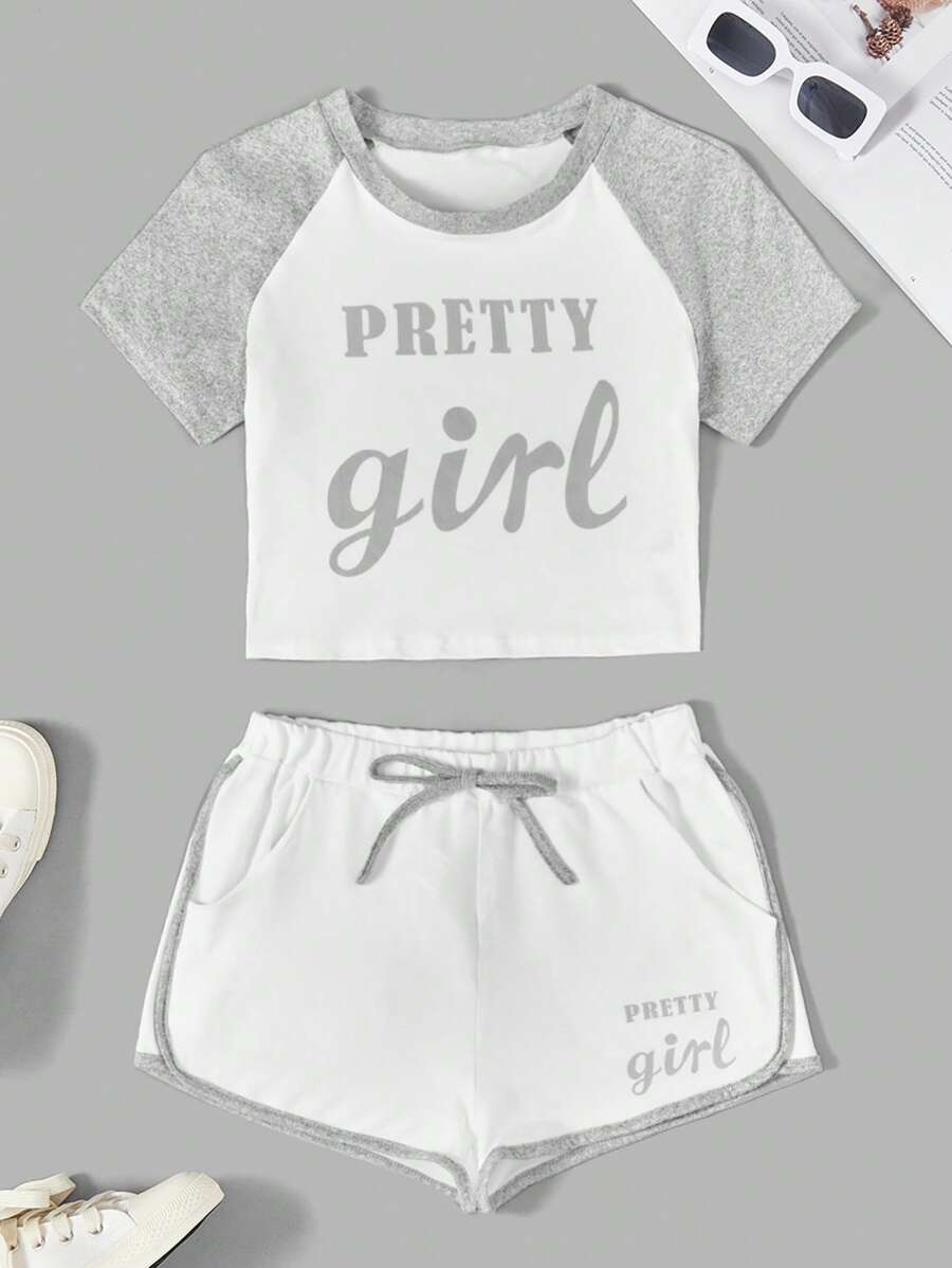 字母圖案撞色滾邊前打結休閒服套裝