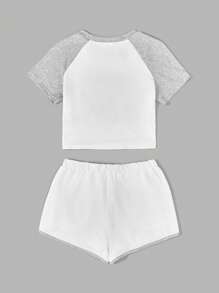 字母圖案撞色滾邊前打結休閒服套裝