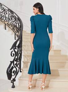 Modelyn 泡泡袖荷葉邊褶邊魚尾裙下擺連衣裙 - 水鴨藍 - 查看 2