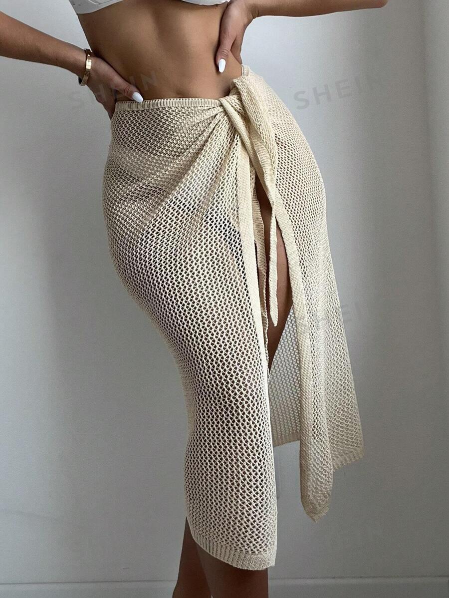 SHEIN Swim Falda de pareos con abertura con nudo lateral sin fondo de bikini - Beis - Ver 1