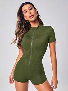 SHEIN Yoga Futuristic Zip Up Sports Romper - Army Green - View 4