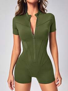 SHEIN Yoga Futuristic Zip Up Sports Romper - Army Green - View 5