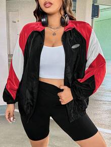 SHEIN EZwear Plus Colorblock Letter Patched Detail Raglan Sleeve Jacket - Multicolor - View 2