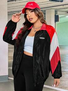 SHEIN EZwear Plus Colorblock Letter Patched Detail Raglan Sleeve Jacket - Multicolor - View 1