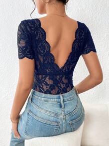 SHEIN Frenchy Áo nữ Lộ Lưng Tương phản ren màu trơn Gợi cảm - Màu xanh hải quân - Xem 1