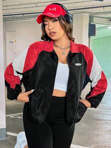 SHEIN EZwear Plus Colorblock Letter Patched Detail Raglan Sleeve Jacket - Multicolor - View 6