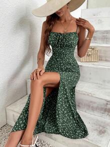 SHEIN Frenchy Women's Beach Women Dresses  Flower Printed High Split Spaghetti Strap Dress