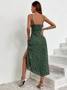 SHEIN Frenchy Women's Beach Women Dresses  Flower Printed High Split Spaghetti Strap Dress