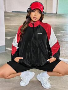 SHEIN EZwear Plus Colorblock Letter Patched Detail Raglan Sleeve Jacket - Multicolor - View 5