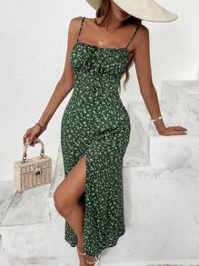SHEIN Frenchy Women's Beach Women Dresses  Flower Printed High Split Spaghetti Strap Dress