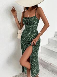 SHEIN Frenchy Women's Beach Women Dresses  Flower Printed High Split Spaghetti Strap Dress