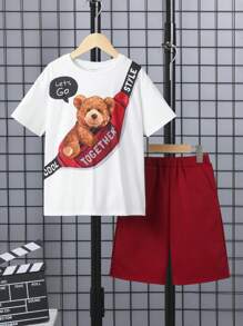 SHEIN 男孩小熊印花T恤和短褲 - 彩色 - 查看 1