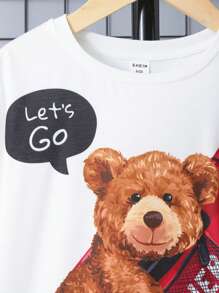 SHEIN 男孩小熊印花T恤和短褲 - 彩色 - 查看 3