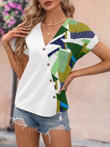 SHEIN LUNE Geo Print Button Front Batwing Sleeve Blouse - Multicolor - View 3