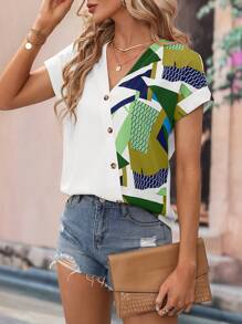 SHEIN LUNE Geo Print Button Front Batwing Sleeve Blouse - Multicolor - View 6
