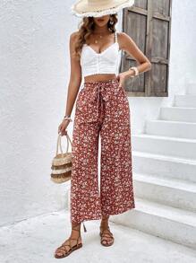 SHEIN Frenchy 碎花腰帶闊腿褲 - 彩色 - 查看 1