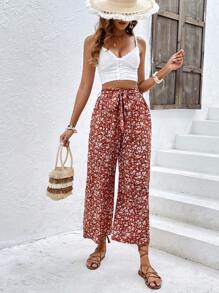 SHEIN Frenchy 碎花腰帶闊腿褲 - 彩色 - 查看 3