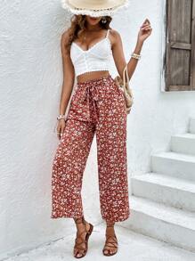 SHEIN Frenchy 碎花腰帶闊腿褲 - 彩色 - 查看 5