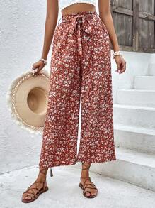 SHEIN Frenchy 碎花腰帶闊腿褲 - 彩色 - 查看 6