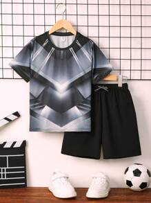 SHEIN 男孩圖案印花T恤和短褲 - 彩色 - 查看 1