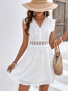 SHEIN Frenchy 圓點拼接水溶蕾絲荷葉邊洋裝 - 白色 - 查看 3