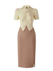 SHEIN Cô gái tuổi teen Hai âm Viền mặt trước 2 trong1 Tách đùi Đầm - Nhiều màu - Xem 1