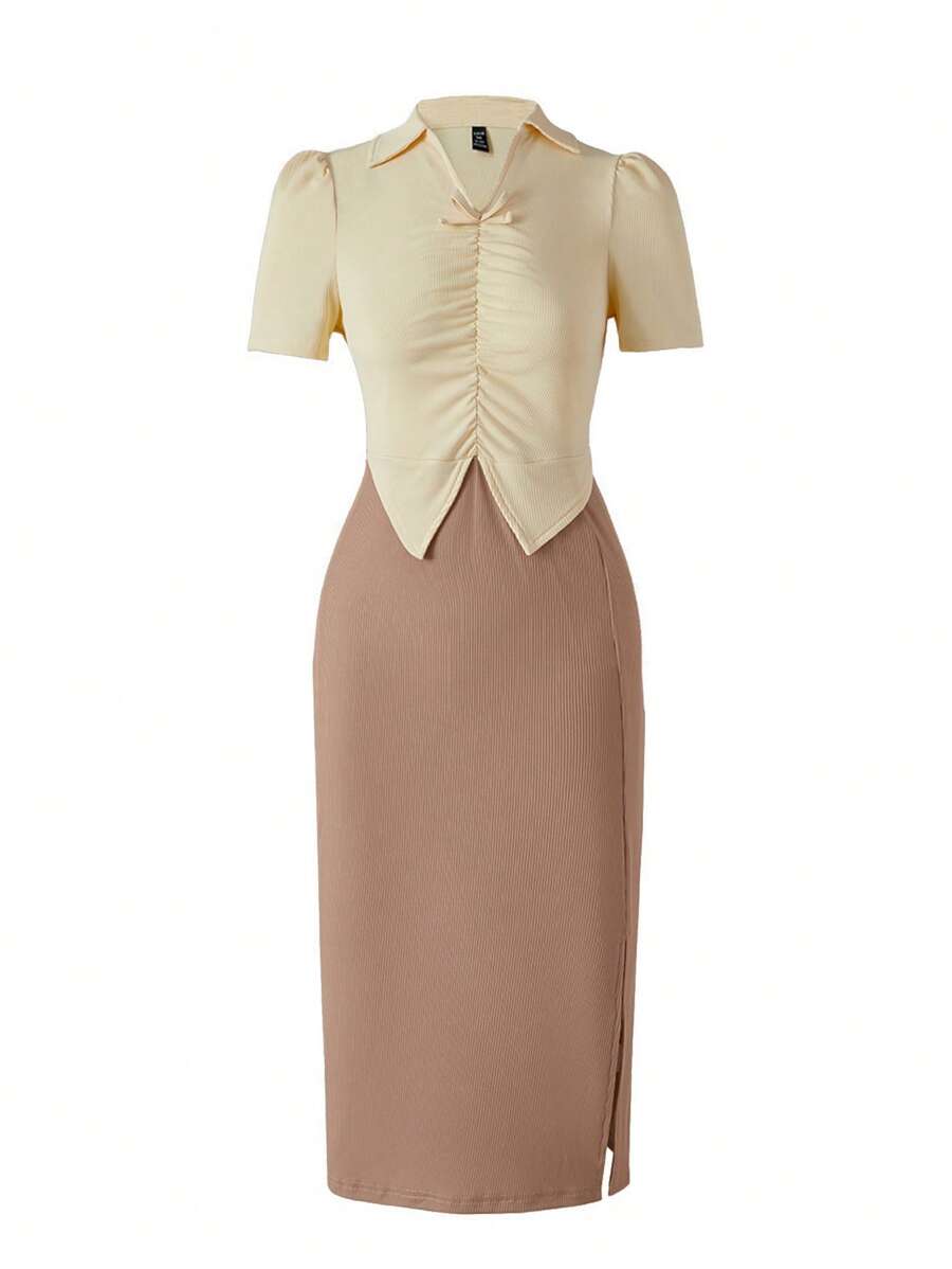 SHEIN Cô gái tuổi teen Hai âm Viền mặt trước 2 trong1 Tách đùi Đầm - Nhiều màu - Xem 1