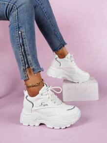 Women Letter Detail Lace-up Front Wedge Sneakers, Sporty White Chunky Shoes - White - View 1