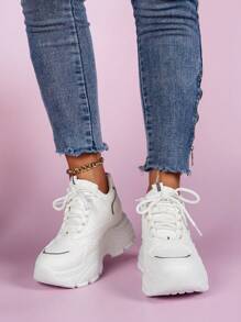 Women Letter Detail Lace-up Front Wedge Sneakers, Sporty White Chunky Shoes - White - View 3