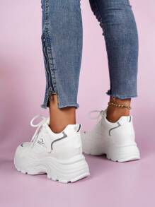 Women Letter Detail Lace-up Front Wedge Sneakers, Sporty White Chunky Shoes - White - View 4