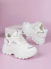 Women Letter Detail Lace-up Front Wedge Sneakers, Sporty White Chunky Shoes - White - View 5