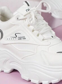 Women Letter Detail Lace-up Front Wedge Sneakers, Sporty White Chunky Shoes - White - View 6